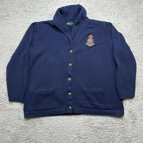 Lauren Ralph Lauren Crest Cardigan Womens 3X Navy Shawl Collar Vintage Cotton - Picture 1 of 10